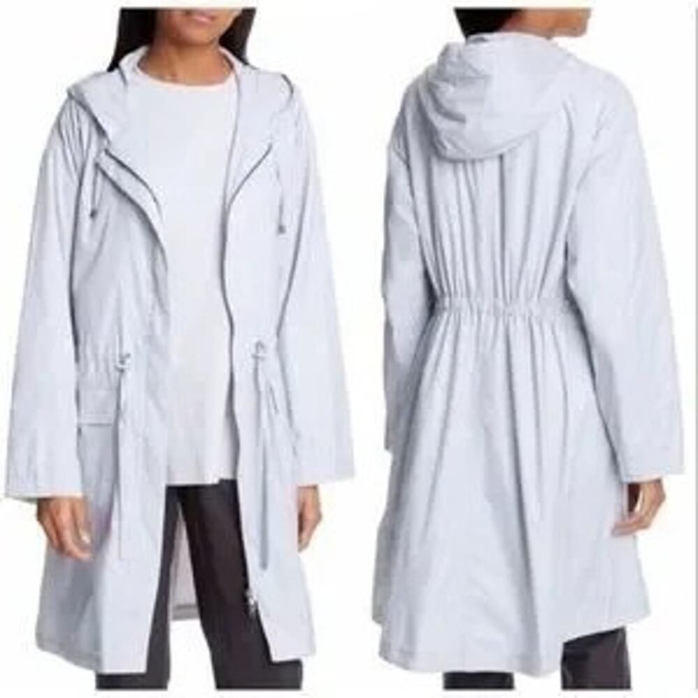 Eileen Fisher Light Gray Recycled Nylon Midi Hooded Utility Jacket EUC - L